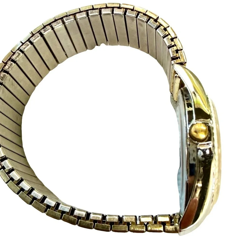 Timex Indiglo Day Date Quartz Watch Two Tone Fluted Bezel Stretch Band‎ Working